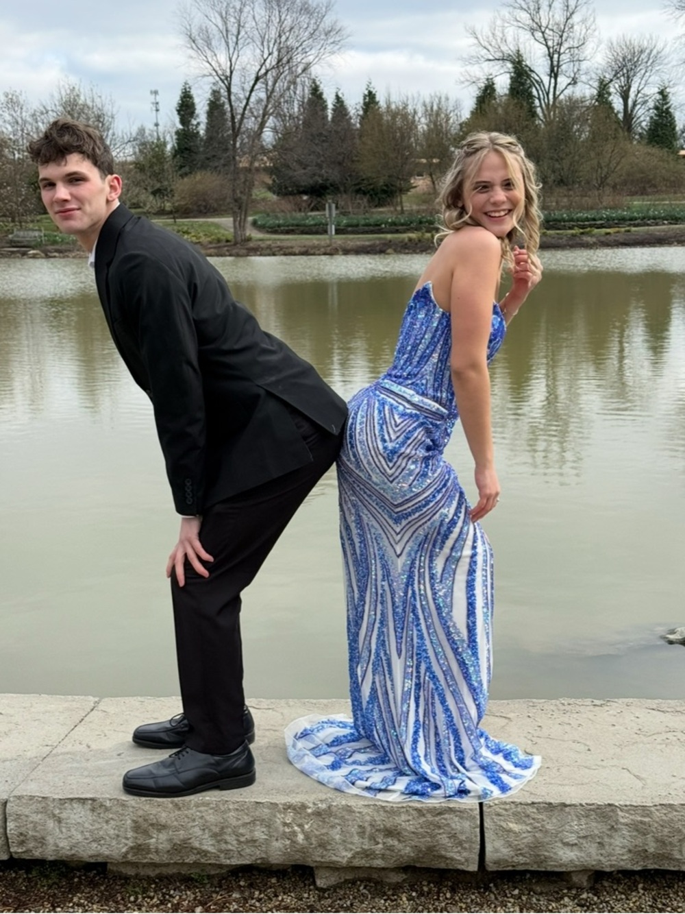 Royal Blue Sequined Prom Gown with Front Slit - Picture 4 of 5